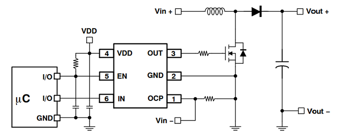 Application Circuit Diagram - onsemi NCP51105 Single 2.6A Low-Side Gate Driver